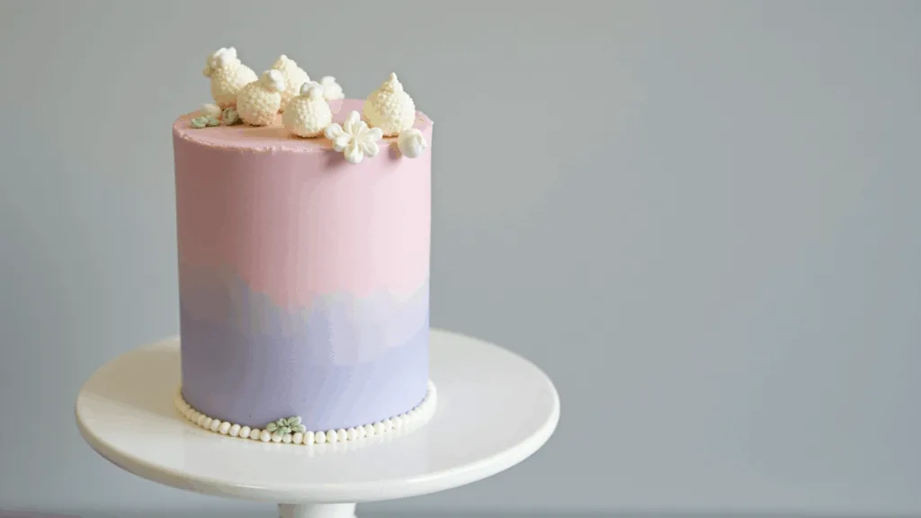 Adorable Mini Bento Cake: Your Perfect Tiny Celebration Dessert A dainty 4-inch bento cake with pastel gradient frosting, adorned with white buttercream flowers, presented on a minimalist ceramic stand against a light gray background.
