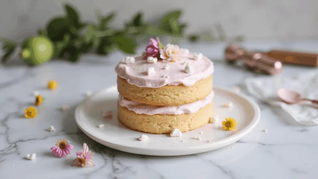 LUNCHBOX LOVE: THE ULTIMATE BENTO CAKE RECIPE A beautifully styled 4-inch bento cake on a matte white plate, featuring pastel pink buttercream, white piped flowers, and pearl sugar accents, surrounded by fresh edible flowers and rose gold tools, set on a marble countertop with soft, diffused lighting.