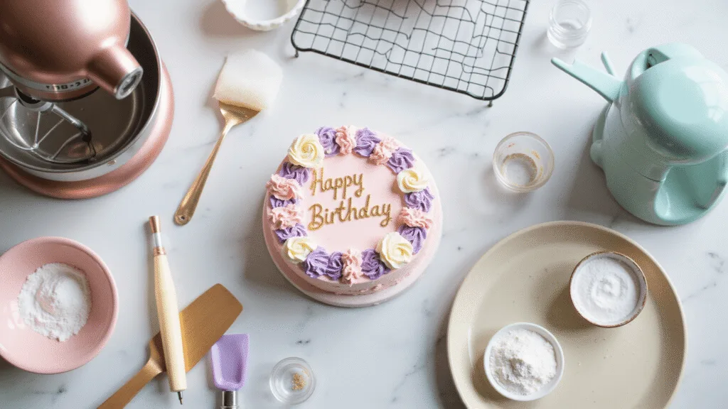 Bento Cake Ideas: The Ultimate Mini Celebration Dessert Overhead view of a pastel pink bento cake with buttercream rosettes, "Happy Birthday" message, and baking tools on a marble countertop, featuring soft natural lighting and a pastel color palette.