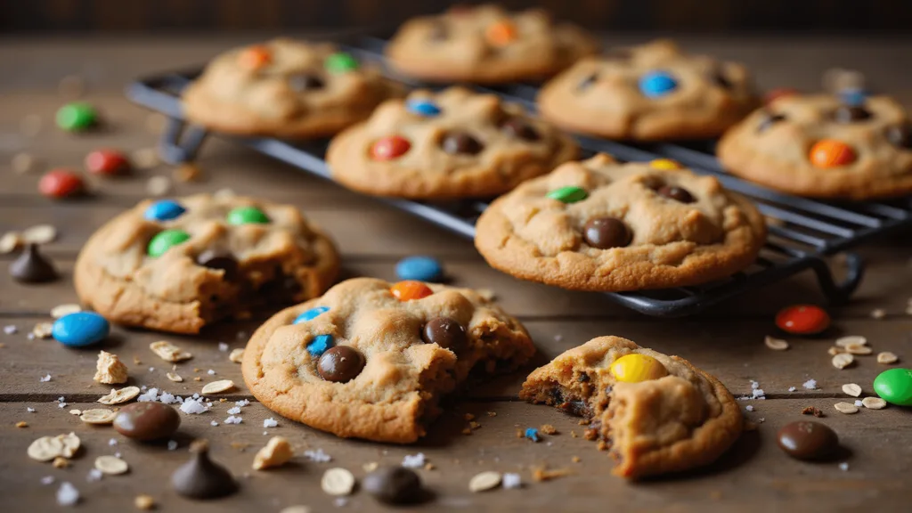Peanut Butter Monster Cookies: A Decadent Homemade Treat That'll Blow Your Mind! A close-up of freshly baked monster cookies with colorful M&Ms and chocolate chips, arranged on a rustic wooden surface. One cookie is broken to reveal a dense peanut butter interior. Scattered oats, M&Ms, and chocolate chips add organic styling, with a vintage wire rack partially visible. Warm, directional lighting highlights the golden-brown cookies' texture and crackled tops, creating an inviting, homey atmosphere.