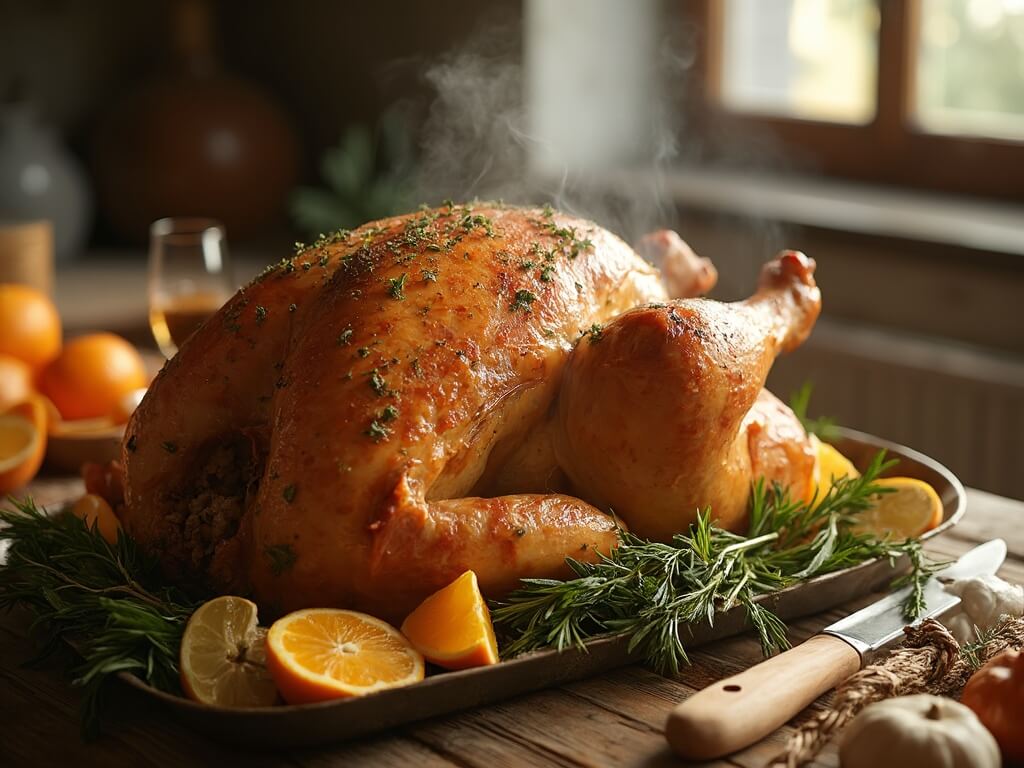 Perfect Roast Turkey Recipe A perfectly roasted turkey with crisp, golden skin and herb butter on a wooden table, surrounded by fresh herbs, citrus, and roasted garlic; steam rises from carved juicy breast meat.