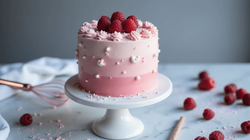 Pink Bento Cake: A Cute and Customizable Mini Celebration Cake A petite 4-inch pink bento cake with pastel ombré buttercream, topped with fresh raspberries and white fondant hearts, sits on a modern white cake stand against a cool marble countertop, with a dreamy bokeh background.