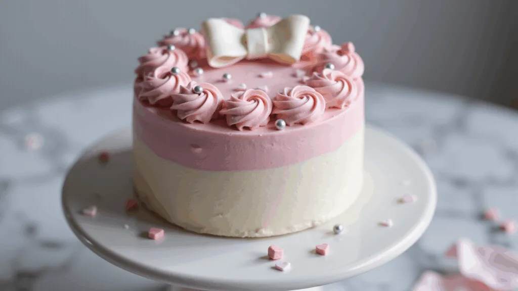 PINK BENTO CAKE: A CUTE MINI CAKE PERFECT FOR SHARING Cinematic close-up of a petite 4-inch pink bento cake on a white ceramic stand, featuring delicate buttercream rosettes, metallic silver pearls, and a fondant bow, with a smooth ombre finish and a blurred marble countertop background.