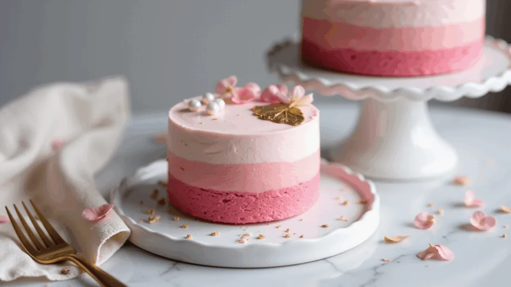 PINK BENTO CAKE: ADORABLE MINI CELEBRATION DESSERT Photorealistic close-up of a petite pink ombre bento cake with gold accents, displayed on a vintage white ceramic cake stand atop a marble surface, adorned with white sugar pearls and fresh baby's breath, surrounded by flower petals and a gold fork, captured with soft bokeh and natural lighting.
