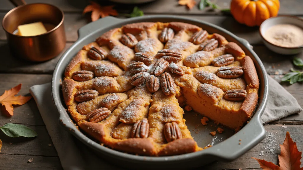 Irresistible Fall Desserts: From Pumpkin to Caramel Delights Overhead view of a golden-brown pumpkin dump cake in a ceramic dish, topped with glistening maple-glazed pecans and powdered sugar, set on a rustic wooden table with autumn decor.