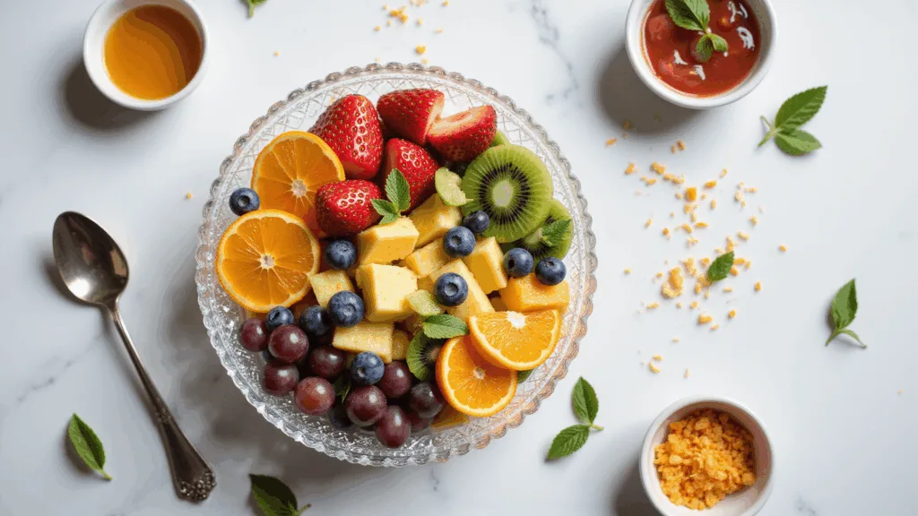 Ultimate Easy Fruit Salad - Fresh, Colorful, and Absolutely Delicious! A vibrant overhead shot of a crystal bowl filled with colorful fruit salad, including strawberries, blueberries, pineapple, kiwi, grapes, and mandarin oranges, with a citrus honey dressing, mint leaves, and coconut shavings, set on a white marble surface.