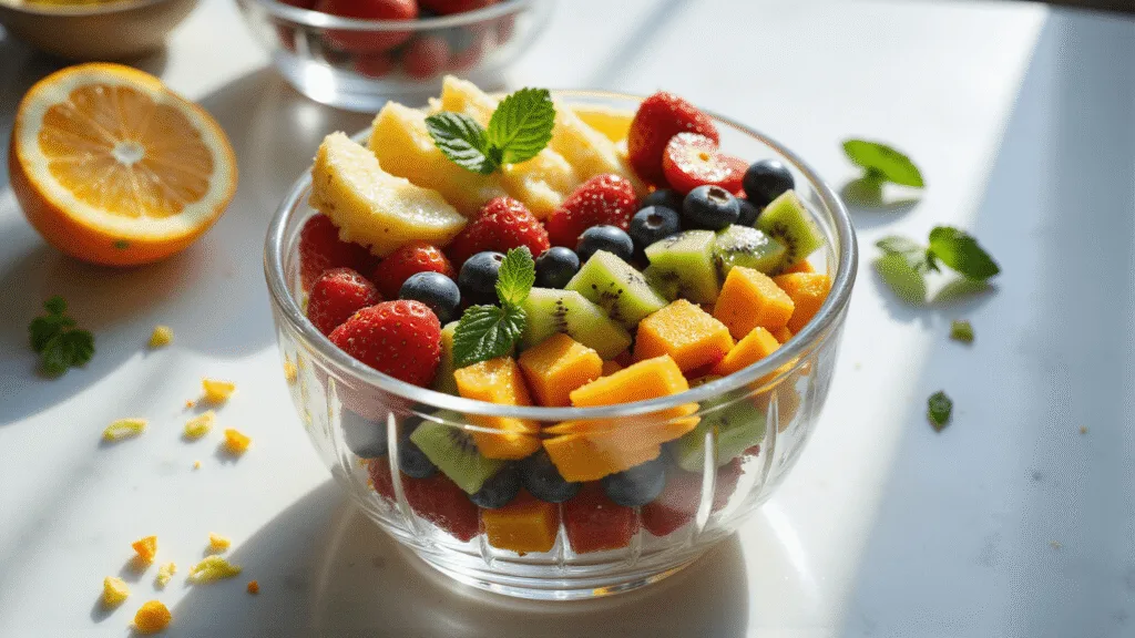 SUMMER FRUIT SALAD: THE ULTIMATE REFRESHING DELIGHT Overhead shot of a vibrant summer fruit salad in a crystal bowl, featuring rainbow layers of strawberries, grapes, pineapple, orange segments, kiwi, and blueberries, drizzled with honey-citrus dressing, set against a white marble countertop with fresh mint and citrus zest.