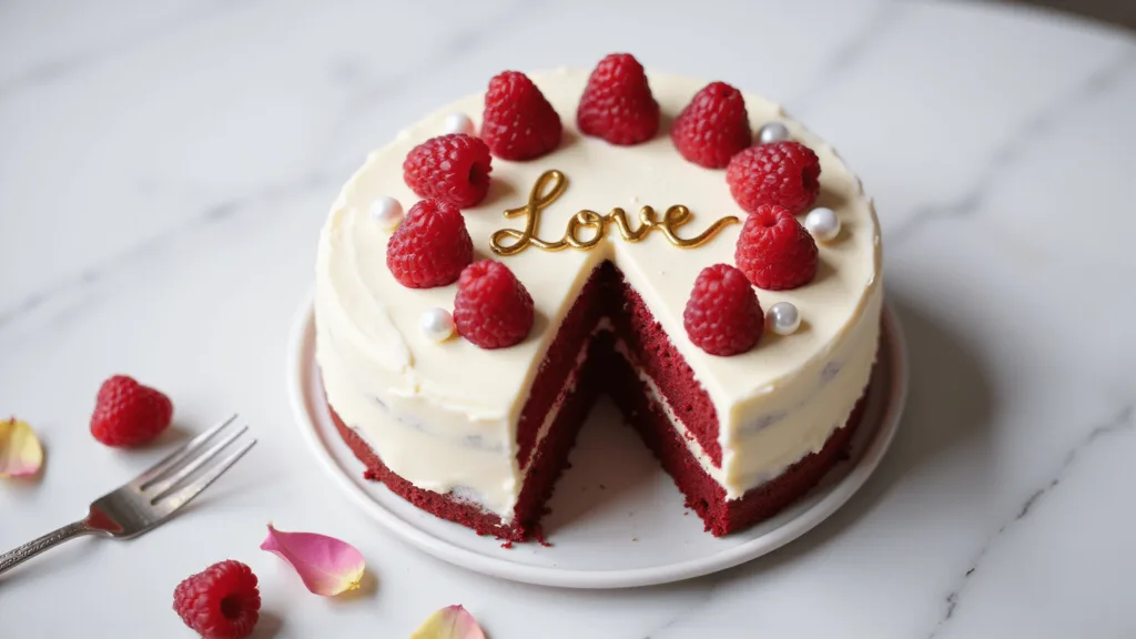 Red Bento Cake: A Delightful Mini Dessert Masterpiece An overhead view of a small red velvet bento cake with smooth cream cheese frosting, gold 'Love' lettering, and fresh raspberries, displayed on white marble with a vintage silver dessert fork and rose petals.