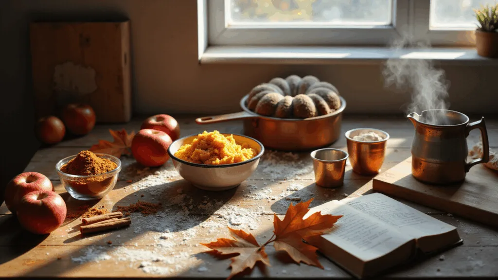 ULTIMATE FALL DESSERT RECIPE GUIDE: Cozy Autumn Baking Delights Photorealistic rustic kitchen scene bathed in warm morning light, featuring vintage glass bowls with fall spices, fresh red apples, golden pumpkin puree, and flour-dusted copper measuring cups, alongside a leather-bound recipe book and an enamel coffee mug with steam, all set on a weathered wooden counter.