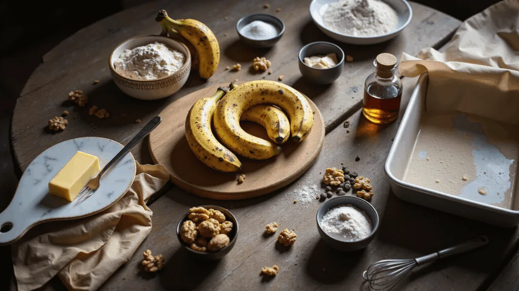 Ultimate Banana Dessert Recipes: From Quick Treats to Decadent Delights A rustic kitchen scene featuring overripe bananas on a wooden cutting board, vintage mixing bowls, flour and sugar in measuring cups, golden butter, vanilla beans, walnuts, and chocolate chips, all bathed in warm morning sunlight.
