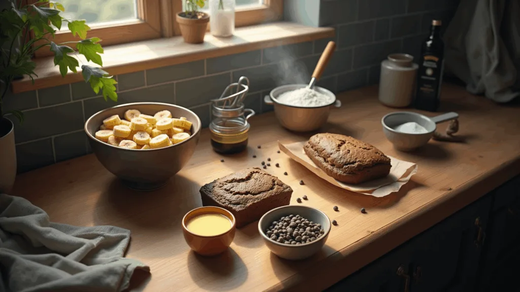 CHOCOLATE CHIP BANANA BREAD Photorealistic overhead shot of a rustic kitchen countertop featuring a vintage mixing bowl with mashed bananas, melted butter, chocolate chips, measuring cups, eggs, vanilla extract, and a whisk, illuminated by natural morning light, with textured linen towel and banana leaves adding to the cozy atmosphere.