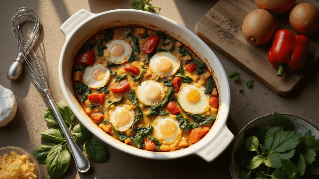 ULTIMATE HEALTHY BREAKFAST CASSEROLE: EASY, NUTRITIOUS & DELICIOUS! A rustic farmhouse kitchen counter bathed in warm morning sunlight features a glazed ceramic baking dish filled with a golden-brown breakfast casserole, showcasing vibrant vegetables and melted cheddar cheese. Fresh ingredients, including farm-fresh eggs and whole peppers, are scattered around, enhancing the inviting atmosphere of a country breakfast scene.