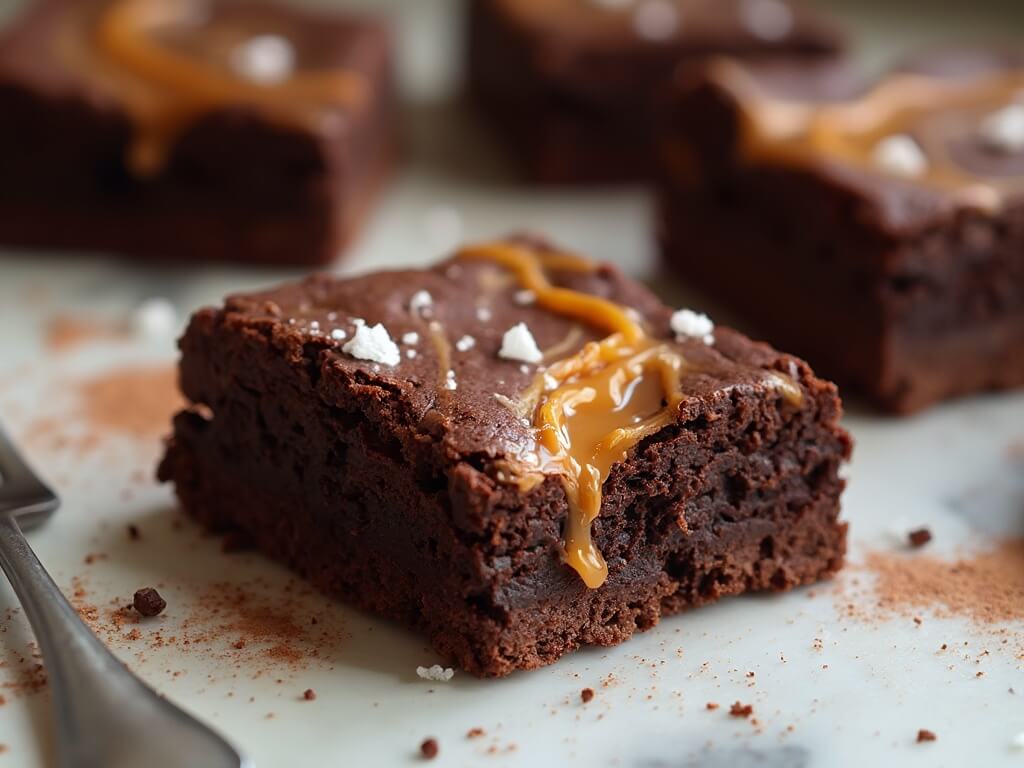 Salted Caramel Brownies: The Ultimate Fudgy Chocolate Indulgence Decadent chocolate brownie squares with glossy salted caramel swirls, set on a white marble surface; features a fudgy texture marbled with golden caramel and garnished with flaky sea salt, with vintage silver fork beside.