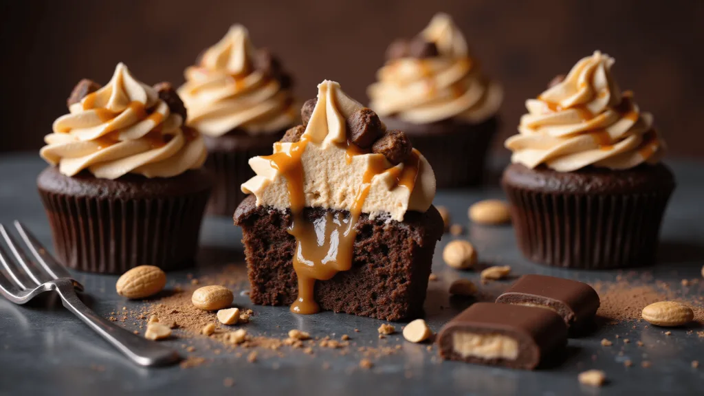 Decadent Snickers Cupcakes: A Chocolate Lover's Dream A close-up of a Snickers-inspired cupcake cut in half, showcasing moist chocolate cake with a caramel-peanut center, topped with piped peanut butter frosting and Snickers chunks. The marble surface and blurred background highlight the cupcake arranged with props like a vintage fork and scattered peanuts in warm, rich lighting.