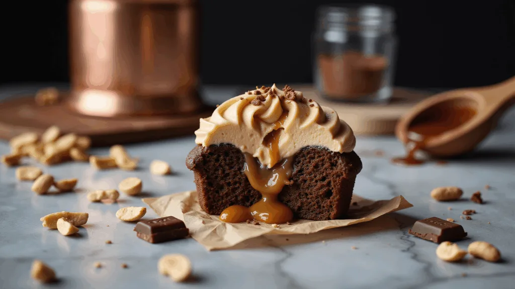 Snickers Cupcakes: The Ultimate Chocolate-Caramel-Peanut Indulgence A luxurious chocolate cupcake with swirled peanut butter frosting sits on a marble countertop, showcasing a gooey caramel-peanut filling. Surrounding ingredients include chopped Snickers bars, caramel drizzle, and roasted peanuts, all captured in warm, moody lighting with dramatic shadows. A vintage copper mixer, sifted cocoa powder, and a rustic wooden spoon with melted chocolate are softly blurred in the background.