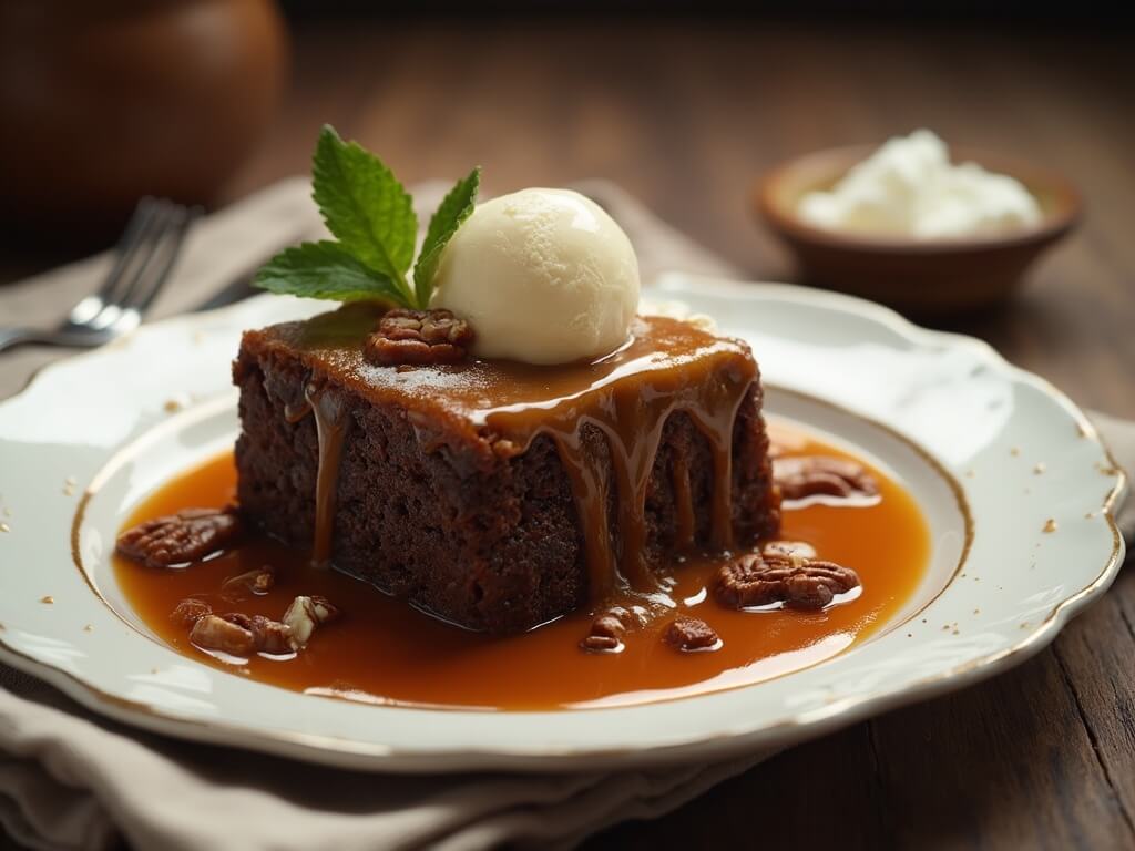 Classic Sticky Toffee Pudding Close-up of sticky toffee pudding with caramel sauce on a white plate, garnished with vanilla ice cream, toasted pecans, and a mint leaf.