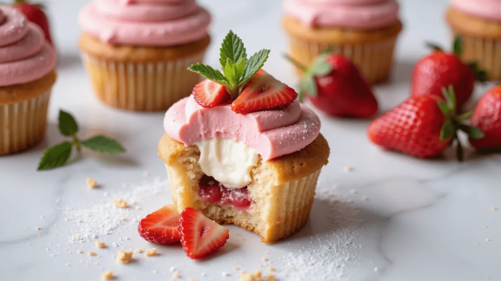 Irresistible Strawberry Cheesecake Cupcakes: A Decadent Dessert Fusion Alt text: "High-resolution image of a strawberry cheesecake cupcake with pink swirled frosting, graham cracker crust, and cream filling on a white marble surface, garnished with strawberry slices and mint leaves."