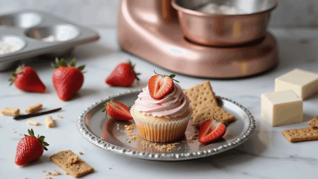 Strawberry Cheesecake Cupcakes: A Decadent Dessert Delight Ultra-detailed image of a luxurious strawberry cheesecake cupcake on a vintage silver plate, featuring pink swirled cream cheese frosting topped with a fresh strawberry half and graham cracker dust, set against a marble countertop with scattered fresh strawberries, cream cheese, graham crackers, and copper measuring cups, all captured in soft natural window lighting.