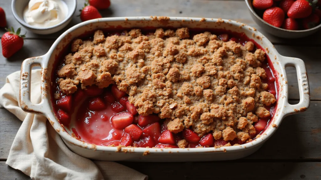 Strawberry Dessert Recipes: Sweet Delights to Satisfy Your Cravings Overhead view of a freshly baked strawberry crisp in a rustic ceramic dish, with a golden-brown oat crumble topping and vibrant red strawberry filling. Steam rises from the dish, which is placed on a weathered wooden surface with a vintage cream linen towel, fresh strawberries, and a small bowl of melting vanilla ice cream nearby.
