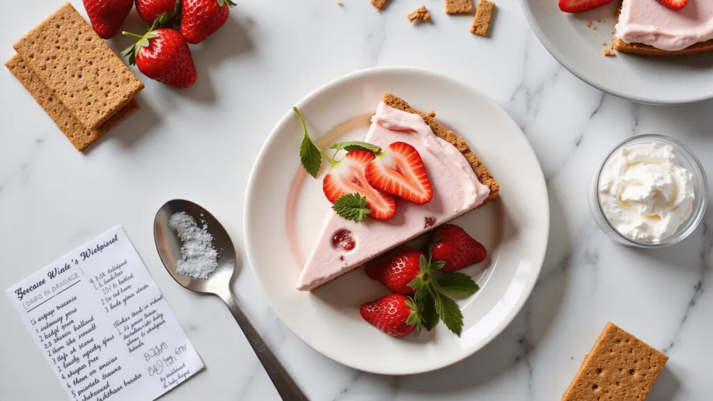 Diabetes-Friendly Dessert Recipes: Sweet Treats Without the Guilt Overhead shot of a no-bake sugar-free strawberry cheesecake on a marble countertop, featuring a pale pink filling with strawberry pieces on a graham cracker crust, garnished with strawberry slices and mint leaves, surrounded by ingredients like fresh strawberries, whipped cream, and a sugar substitute.