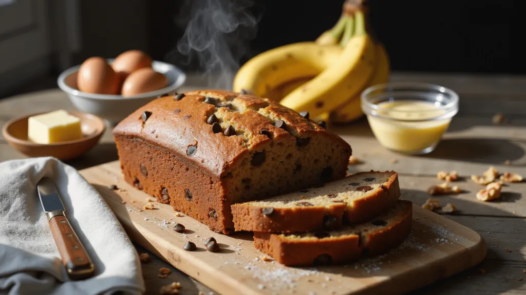 The Ultimate Moist Banana Bread: A Foolproof Recipe for Banana Lovers A photorealistic image of golden-brown banana bread on a rustic wooden board, partially sliced to show a moist crumb with banana pieces and melted chocolate chips. Warm steam rises, highlighted by side lighting. In the background are ripe bananas, eggs, melted butter, and chopped walnuts. Warm colors dominate with vintage napkin and butter knife beside the loaf.