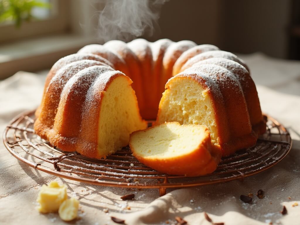 Perfect Vanilla Bundt Cake Recipe (Foolproof & Moist) A golden-brown Bundt cake with deep ridges, dusted with powdered sugar, on a copper cooling rack, with steam rising, and a slice cut to show a tender crumb.