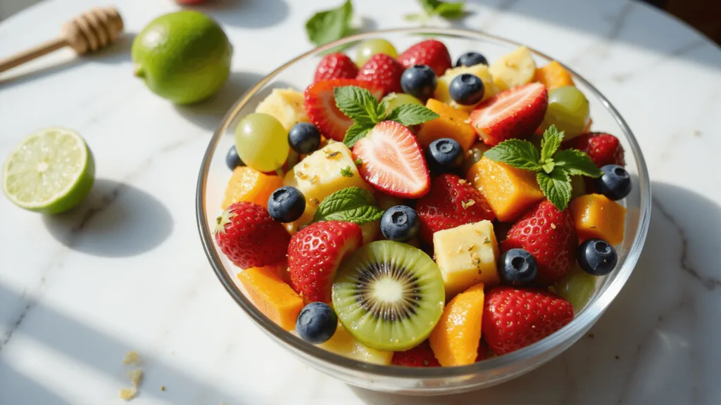 Easy Fruit Salad Recipe: A Burst of Fresh Flavor in Minutes Vibrant fruit salad in a glass bowl on white marble, featuring strawberries, blueberries, grapes, kiwi, pineapple, and mandarin, with honey-lime drizzle and mint; soft sunlight and blurred background elements.