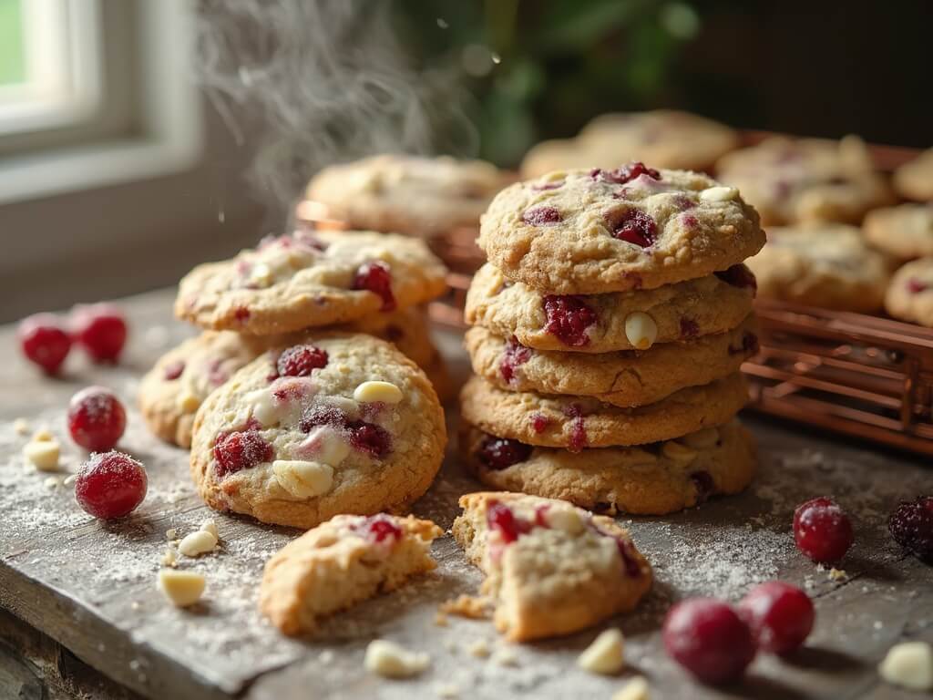 White Chocolate Cranberry Cookies A stack of white chocolate cranberry cookies on a rustic wooden surface with soft natural light; edges are golden and centers are lighter with visible white chocolate chips and cranberries; some nearby cookies are broken; steam indicates warmth; decorated with fresh cranberries and white chocolate pieces; a copper cooling rack is slightly visible.
