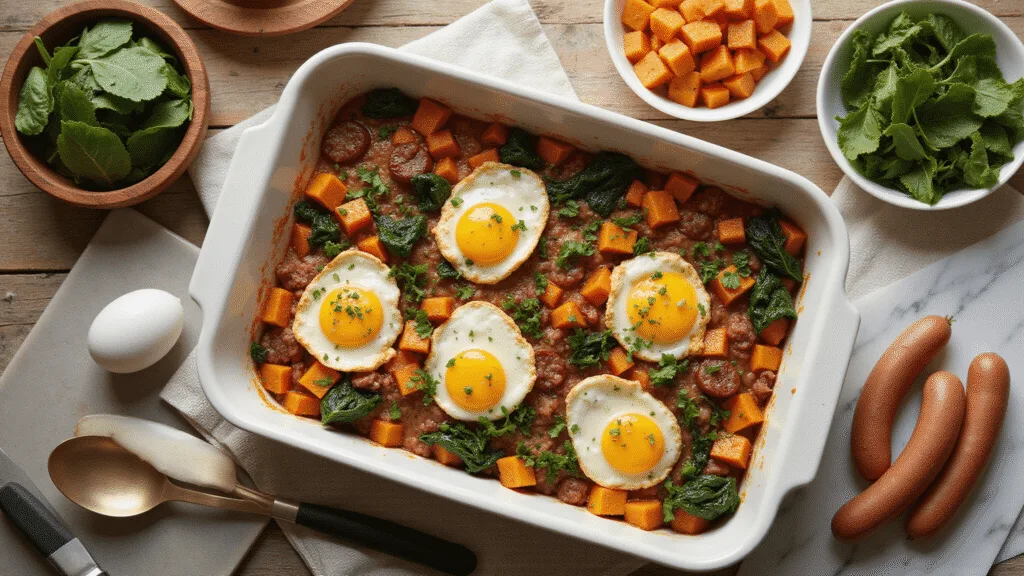 Whole30 Breakfast Casserole: The Ultimate Meal Prep Champion Photorealistic overhead shot of a rustic wooden table with a golden-brown breakfast casserole in a ceramic dish, featuring layers of sweet potatoes, sausage, spinach, and eggs, surrounded by fresh ingredients and kitchen tools in natural morning light.