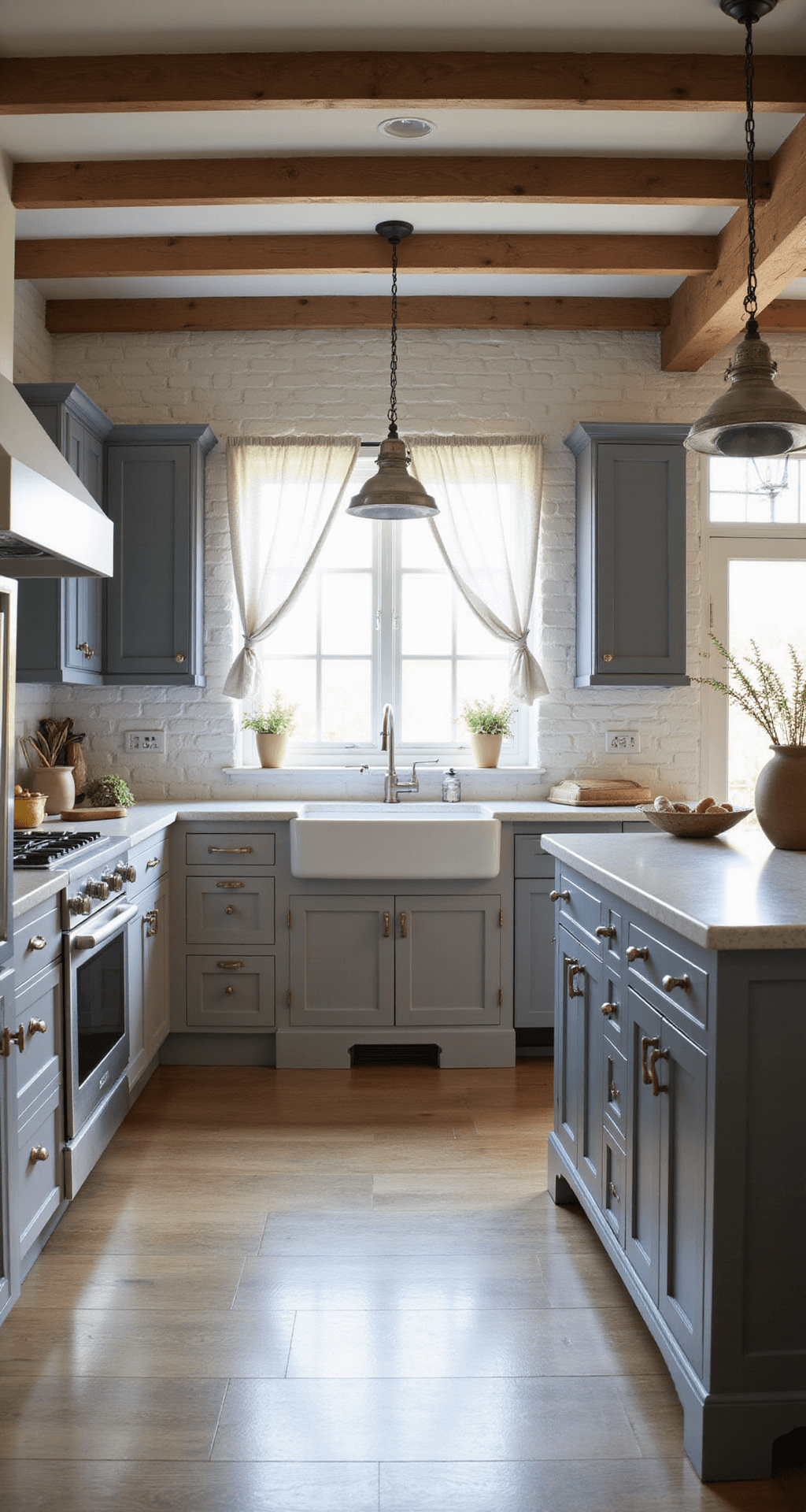 Gray Kitchen Cabinets: A Timeless Design Statement for Modern Homes A farmhouse-inspired kitchen featuring two-tone gray cabinetry, with warm gray perimeter cabinets and a cool gray island, exposed wooden beams, whitewashed brick walls, vintage-style pendant lights, and a farmhouse sink, all illuminated by morning light filtering through cafe curtains.