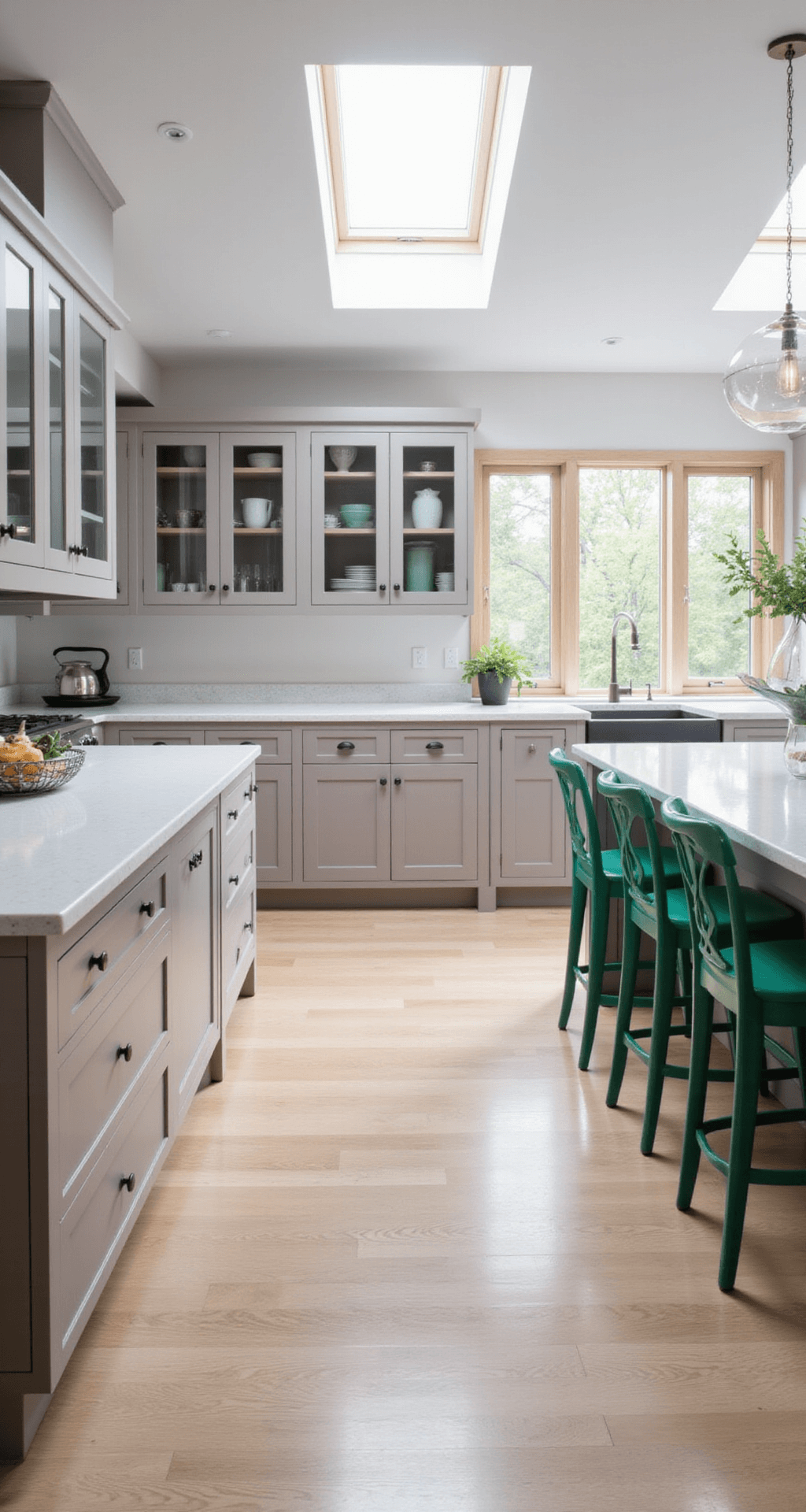 Gray Kitchen Cabinets: A Timeless Design Statement for Modern Homes A high-angle view of a transitional kitchen-dining space featuring dove gray cabinets with glass upper panels, illuminated by natural light from skylights. The 15x20ft room has white oak flooring and emerald green bar stools, highlighting the layout flow and connection between the kitchen and dining areas. Soft diffused lighting enhances the cabinet's subtle pink undertones.