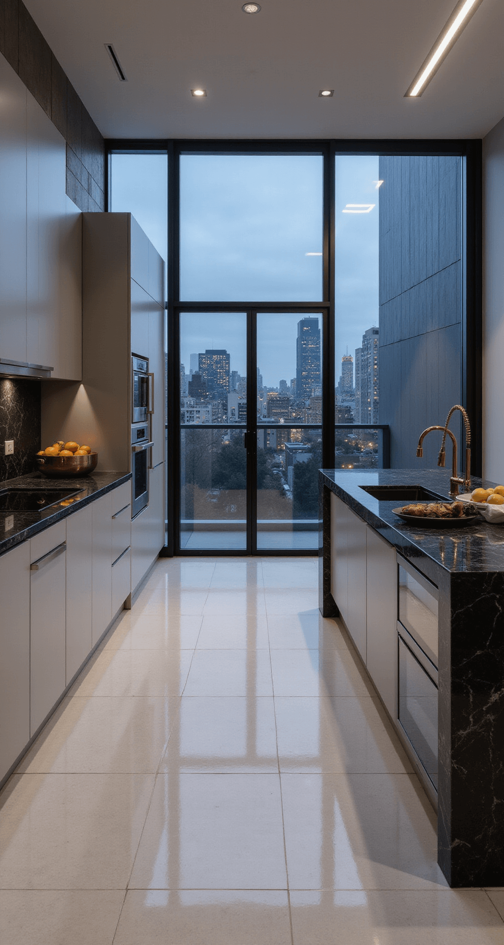Gray Kitchen Cabinets: A Timeless Design Statement for Modern Homes An ultra-modern kitchen with floor-to-ceiling light gray cabinets, a black marble island, and wall-length windows showcasing evening city lights, accented by copper details.