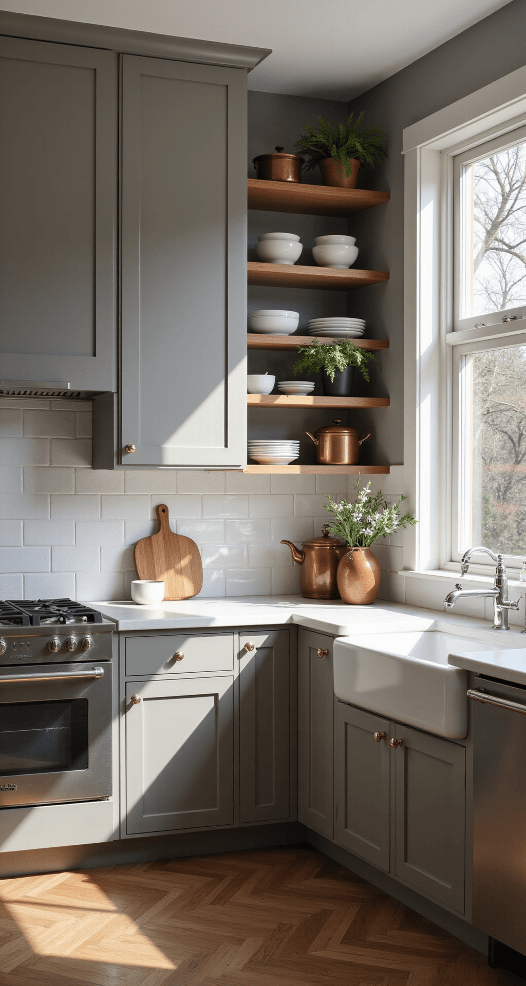 Gray Kitchen Cabinets: A Timeless Design Statement for Modern Homes A cozy corner kitchen featuring warm gray Shaker cabinets, open shelving, and herringbone wood floors, illuminated by late afternoon light, showcasing vintage copper pots and white ceramics against a gray backdrop.