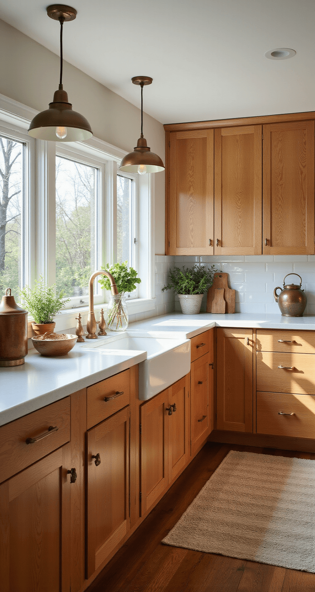 Oak Kitchen Cabinets: Your Ultimate Style and Design Guide A sunlit modern farmhouse kitchen featuring honey-toned red oak cabinets, a white quartz center island, brass hardware, and vintage pendant lights, with artisanal pottery and fresh herbs accentuating the space.
