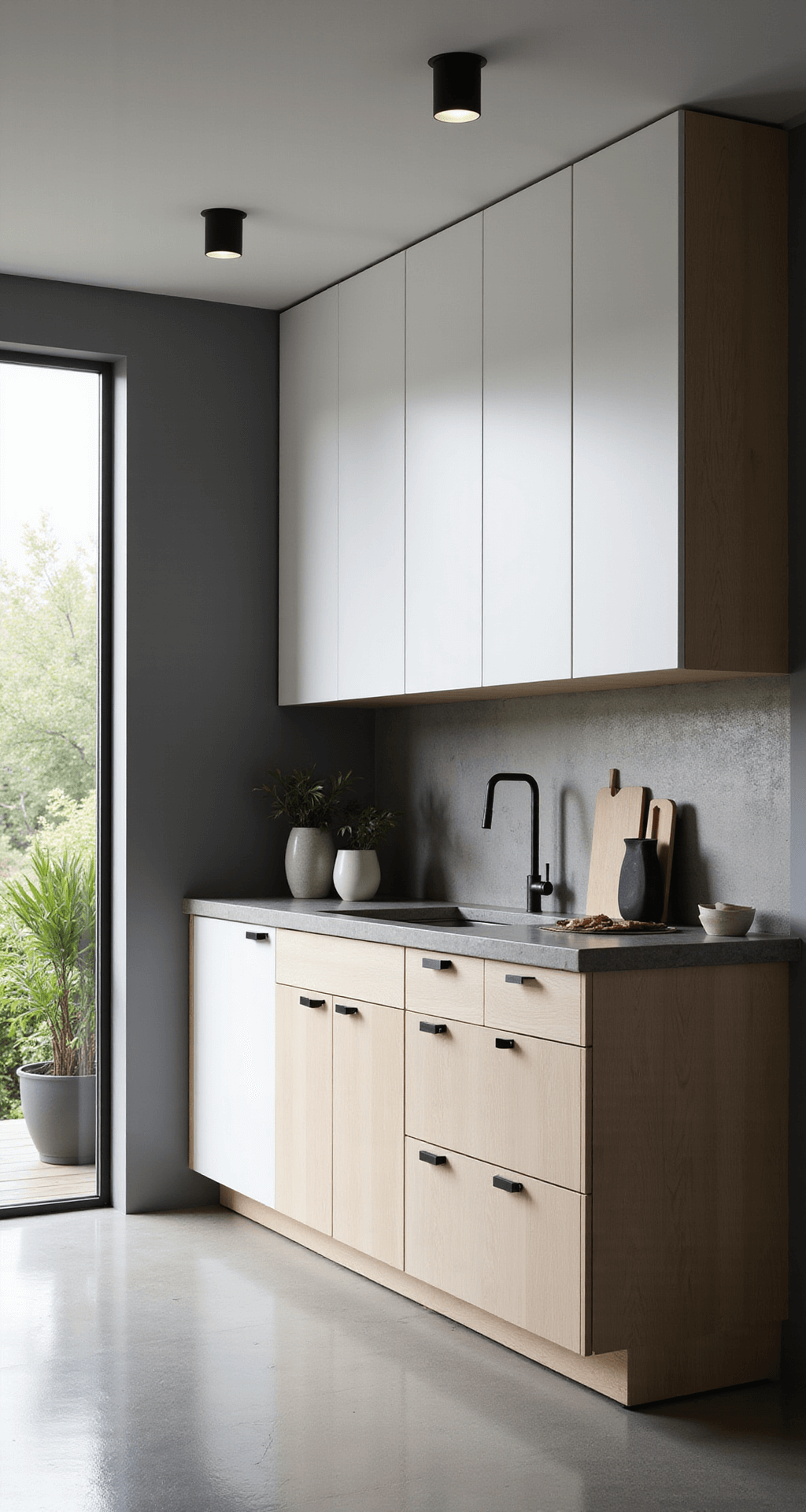 Oak Kitchen Cabinets: Your Ultimate Style and Design Guide A wide-angle view of a contemporary 10x14ft minimal kitchen featuring sleek white oak flat-panel cabinets, matte black hardware, and concrete countertops. Late afternoon light streams through floor-to-ceiling windows, highlighting geometric ceramics, a minimalist knife block, and a single monstera plant against cool gray walls.