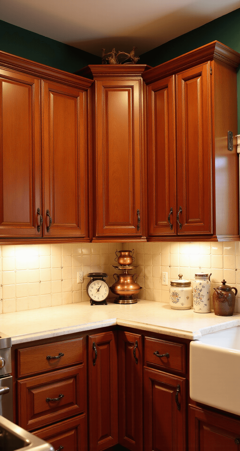 Oak Kitchen Cabinets: Your Ultimate Style and Design Guide Cozy traditional kitchen featuring red oak cabinets in auburn finish, cream marble countertops, and beige ceramic backsplash, illuminated by golden hour lighting, with copper pots hanging and deep green walls.
