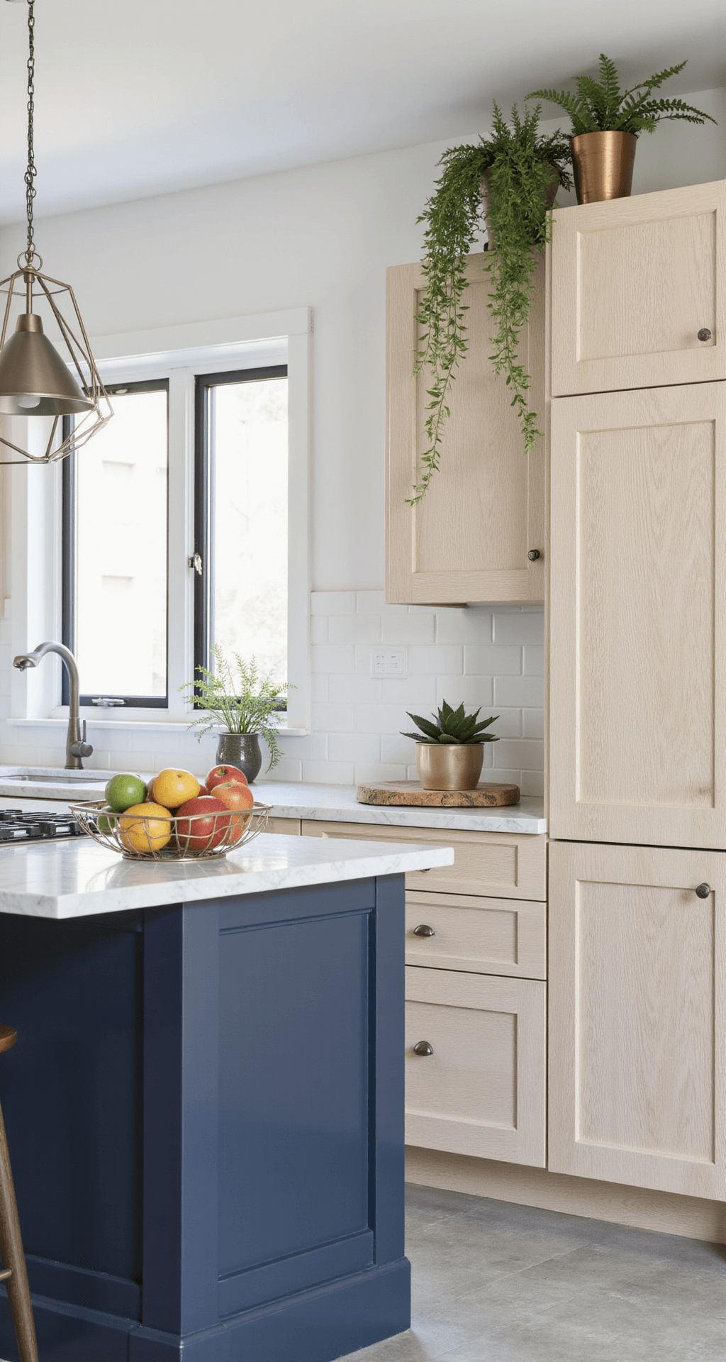 Oak Kitchen Cabinets: Your Ultimate Style and Design Guide Bright transitional kitchen with bleached oak cabinets and navy blue island topped with Carrara marble, showcasing mid-morning sunlight, mixed metallic accents, geometric fruit bowl, and trailing plants, captured from a 45-degree angle.
