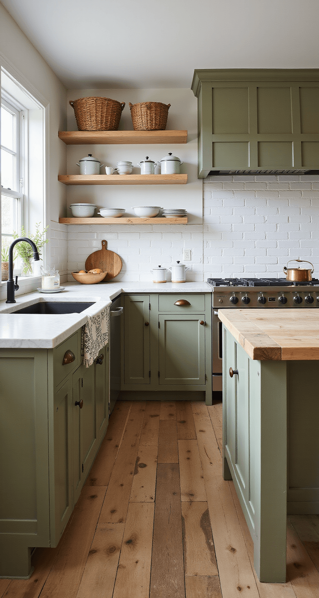 Green Kitchen Cabinets: A Refreshing Design Trend That Transforms Your Space A panoramic view of a 15x18ft farmhouse-style kitchen featuring olive green beadboard cabinets, a marble-topped butcher block island, and a white painted brick backsplash, all illuminated by soft afternoon light. The room showcases wide-plank reclaimed wood flooring, open shelving displaying vintage enamelware, and woven baskets for added texture, captured from an elevated angle with a 24mm lens.