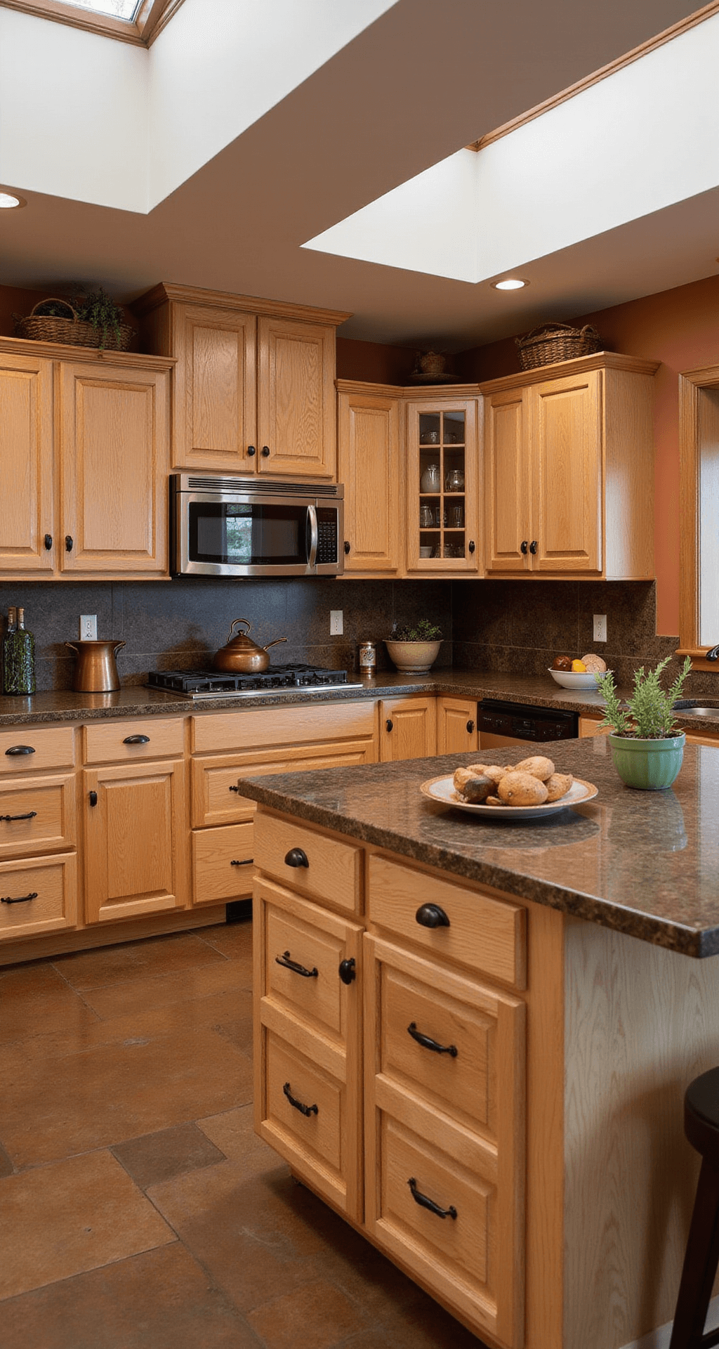 Oak Kitchen Cabinets: Your Ultimate Style and Design Guide Rustic-luxe kitchen with quarter-sawn oak cabinets, leather-finish granite countertops, and warm terracotta walls, illuminated by soft skylight lighting, showcasing vintage copper cookware and woven baskets.