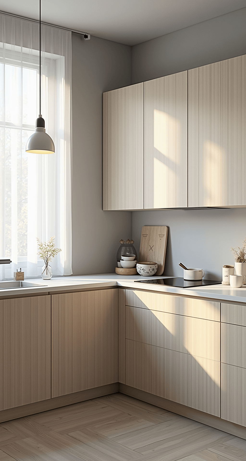 Oak Kitchen Cabinets: Your Ultimate Style and Design Guide Scandinavian-inspired kitchen with lime-washed oak cabinets, white solid surface countertops, and pale gray walls, illuminated by early morning light through sheer curtains, featuring pale ceramics, birch accessories, and a single statement pendant.