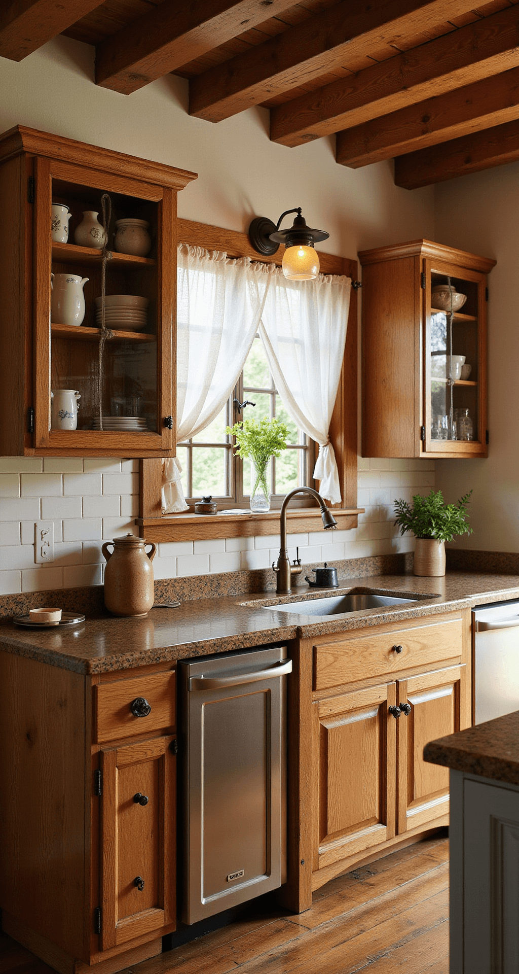 Wood Kitchen Cabinets: Your Ultimate Styling and Buying Guide Cozy rustic farmhouse kitchen with exposed wooden beams, honey brown distressed oak cabinets, and natural light filtering through cafe curtains, highlighting vintage-style pendant lights and ceramic collections on open shelving.