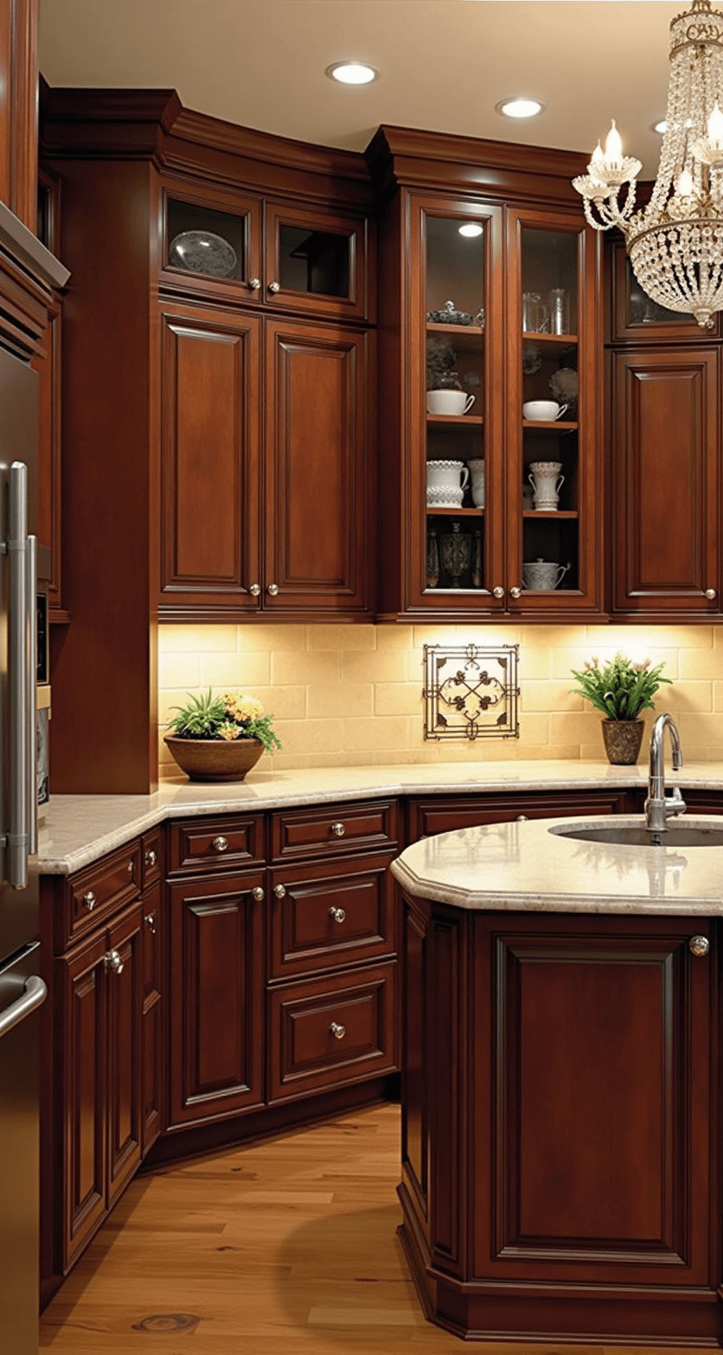 Wood Kitchen Cabinets: Your Ultimate Styling and Buying Guide Elegant transitional kitchen featuring rich cherry wood cabinets with a deep auburn finish, illuminated by a crystal chandelier, showcasing detailed crown molding, glass-front displays, a curved island with furniture-style legs, marble countertops, and polished nickel hardware.
