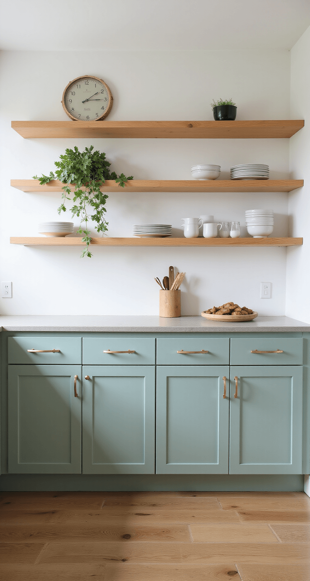 Wood Kitchen Cabinets: Your Ultimate Styling and Buying Guide Bright contemporary kitchen with light alder wood cabinets in sage green, white walls, concrete countertops, and floating open shelves, illuminated by natural light and under-cabinet LEDs.