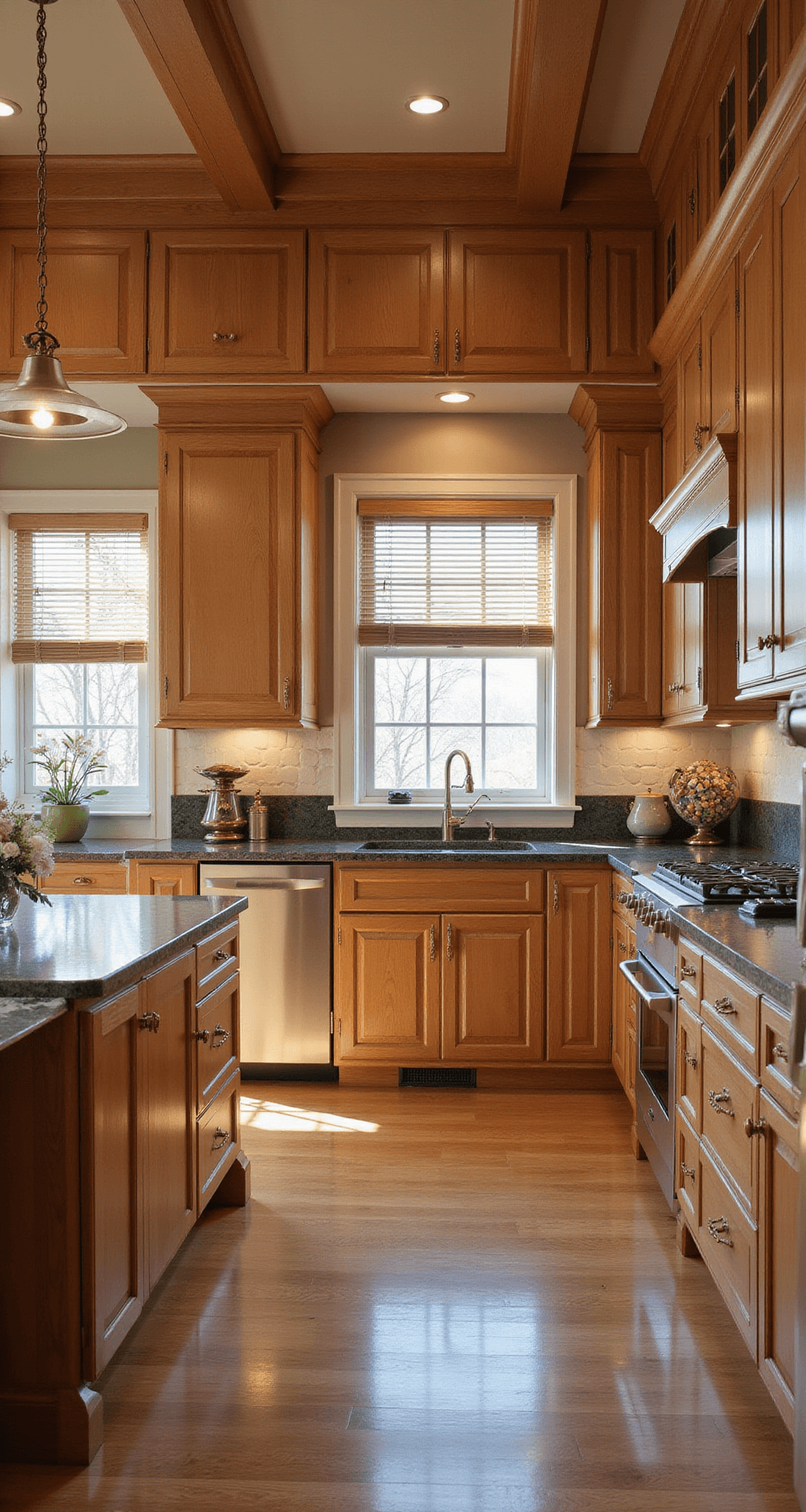 Wood Kitchen Cabinets: Your Ultimate Styling and Buying Guide A spacious chef's kitchen featuring professional-grade oak cabinetry, dramatic dawn light casting shadows on wood grain, custom storage solutions, satin brass hardware, and an island with seating for four, all presented in a wide-angle view.