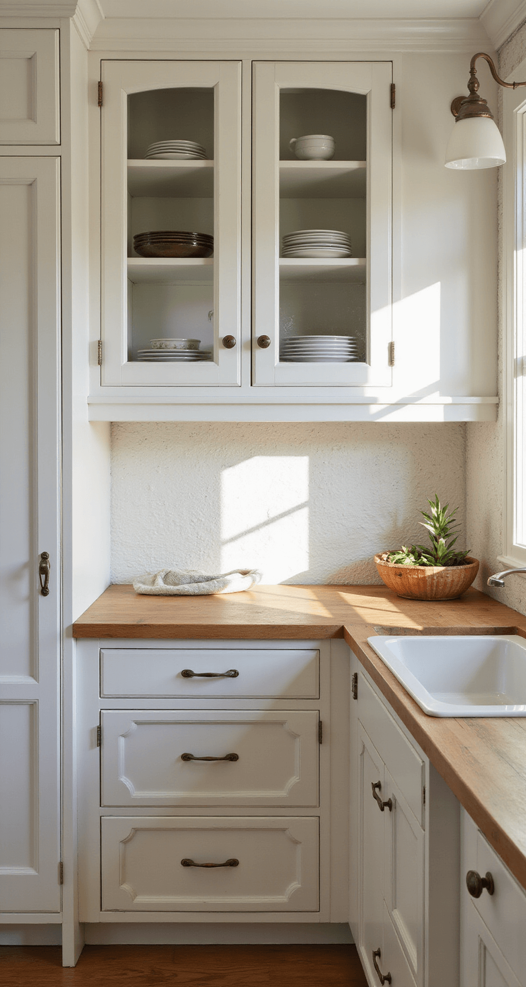 Wood Kitchen Cabinets: Your Ultimate Styling and Buying Guide Intimate galley kitchen with white maple wood cabinets, glass-front upper cabinets showcasing collections, butcher block countertops, and natural lighting enhanced by sconces, featuring classic New England style with modern updates.