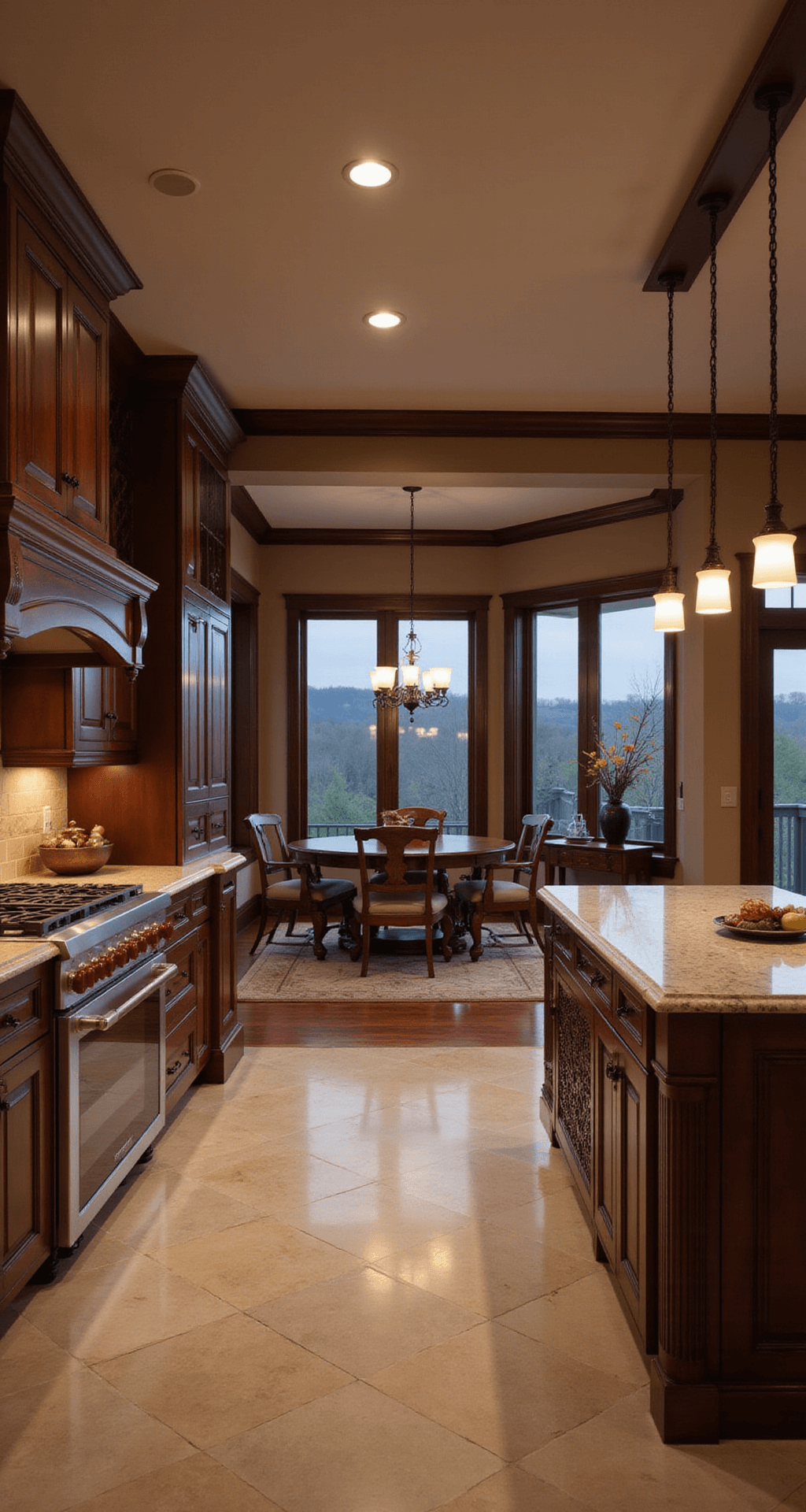 Wood Kitchen Cabinets: Your Ultimate Styling and Buying Guide Open-concept kitchen featuring dark cherry perimeter cabinets and a light maple island, illuminated by dusk lighting and pendant lights. Showcasing floor-to-ceiling storage with carved moldings, integrated wine storage, and quartzite countertops, the image captures a luxurious and dramatic ambiance from the dining area.