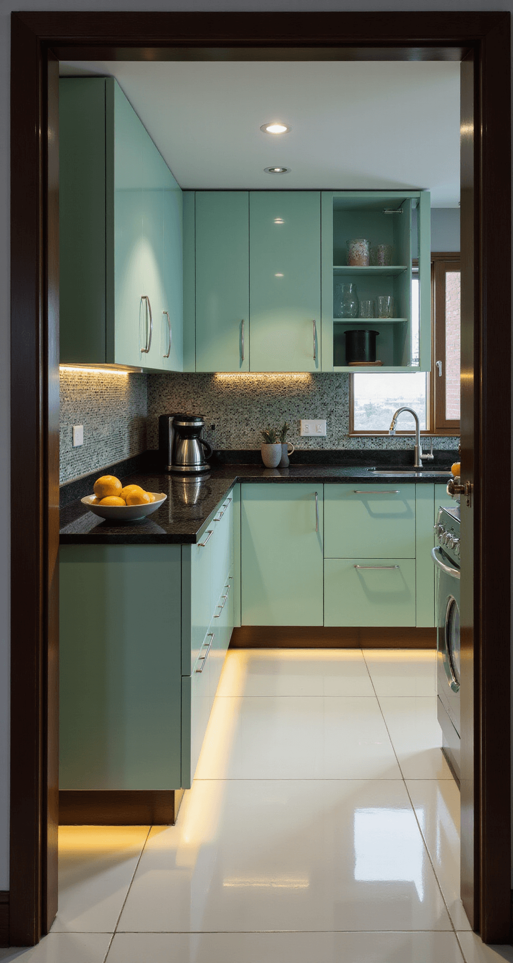 Green Kitchen Cabinets: A Refreshing Design Trend That Transforms Your Space A contemporary kitchen featuring mint green high-gloss cabinets, black granite countertops, and an ambient glow from LED under-cabinet lighting, captured at twilight from a doorway perspective. The space includes oversized white porcelain floor tiles, a glass mosaic backsplash with metallic accents, and stylish decor like a sculptural fruit bowl and a sleek coffee station, all enhanced by mixed lighting.