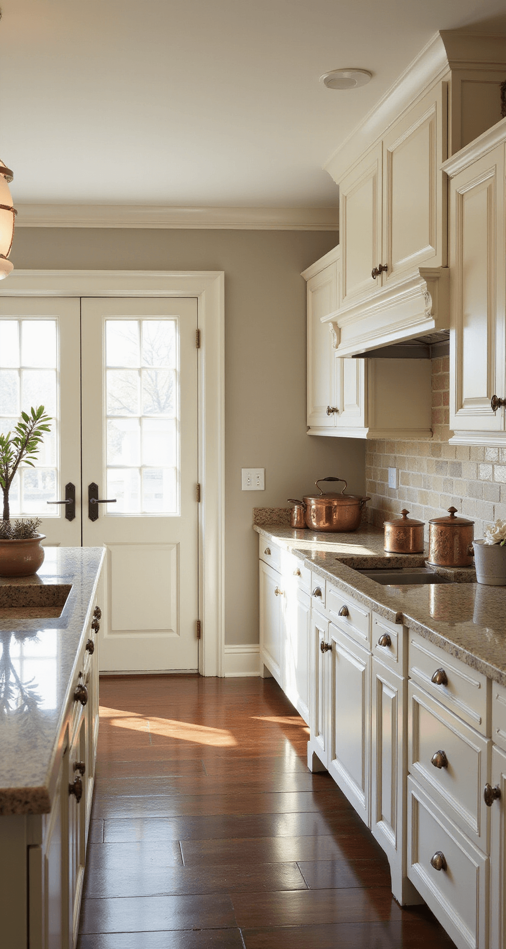 White Kitchen Cabinets: The Ultimate Guide to Timeless Elegance A spacious traditional kitchen with creamy white raised panel cabinets, ornate crown molding, and morning light streaming through French doors. Antique brass hardware, speckled beige granite counters, and a classic subway tile backsplash complement the warm decor of copper pots and ceramic canisters, captured from a slightly elevated corner angle.
