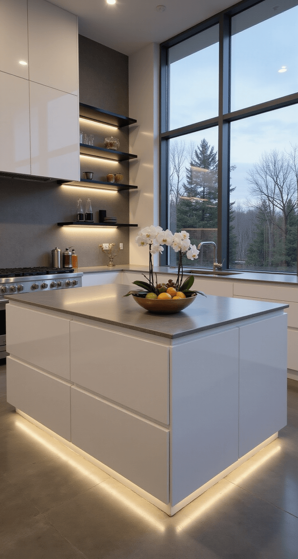 White Kitchen Cabinets: The Ultimate Guide to Timeless Elegance A contemporary kitchen featuring high-gloss white cabinets, a massive concrete center island, smoked glass floating shelves, and a metallic backsplash, all illuminated by dusk lighting through large windows. Minimal decor includes an architectural fruit bowl and a single orchid, captured from a bird's eye view highlighting the geometric layout.