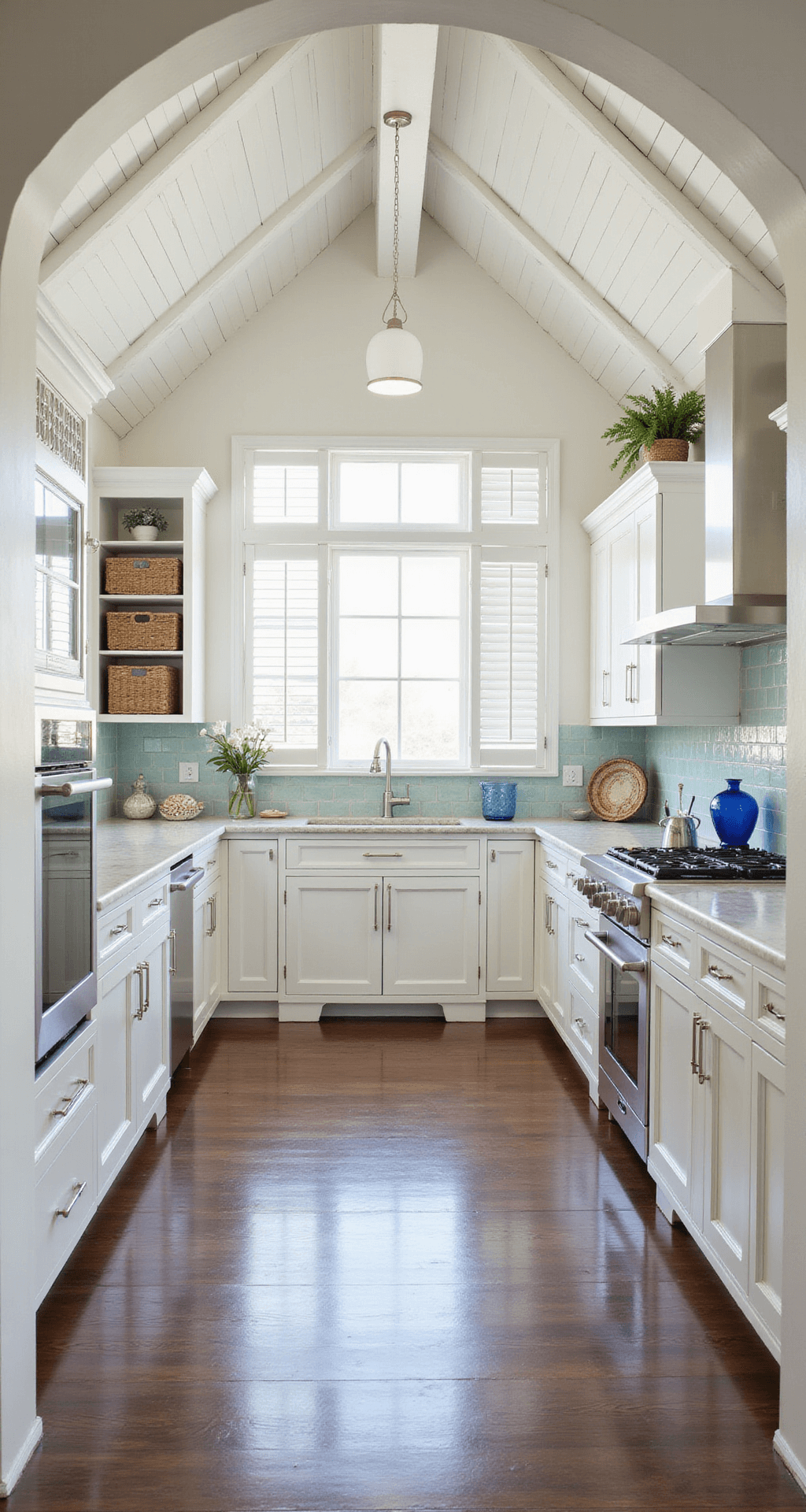 White Kitchen Cabinets: The Ultimate Guide to Timeless Elegance Bright coastal kitchen featuring white louvered cabinets with glass fronts, a cathedral ceiling with whitewashed beams, and light filtering through plantation shutters. The space includes a sea glass mosaic backsplash, honed marble countertops, and chrome fixtures, styled with blue glass vessels, woven baskets, and shell collections, captured from the entrance to showcase depth and a breezy atmosphere.
